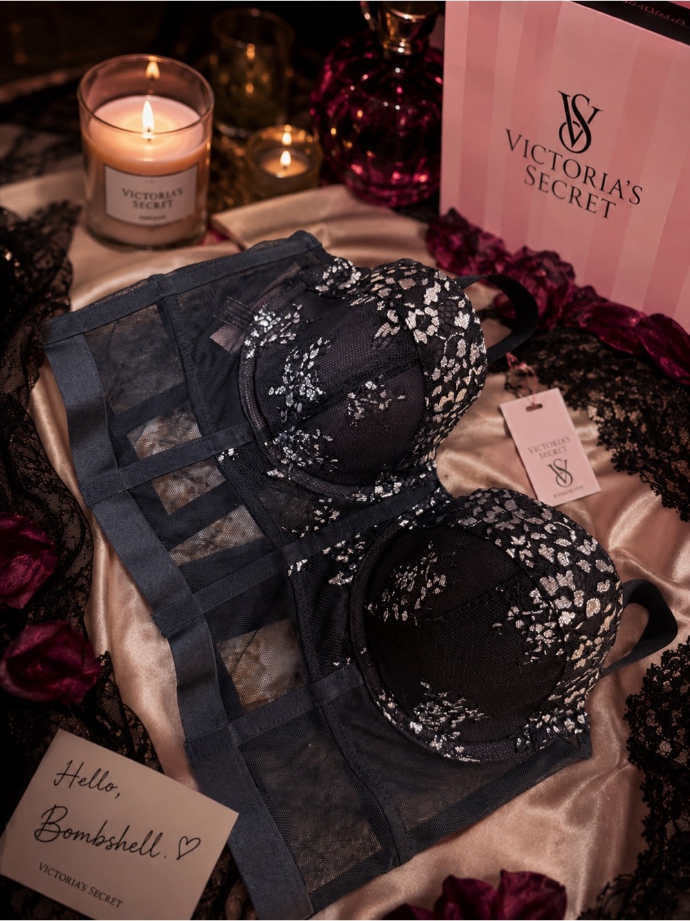 Victoria's Secret Black Bra with Silver Floral Lace Longline Style
